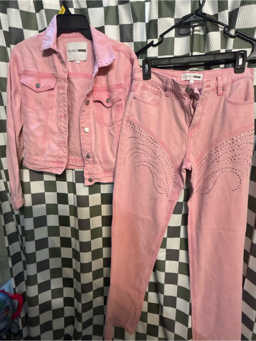 Fashion Nova Light Pink Studded Denim Two-Piece Set